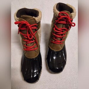 Olivia Miller Women's Jasmine Duck Boots Brown Black Lace Up Size 9.5 Fishing